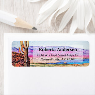 Saguaro Cactus Purple Mountians Blue Lake Arizona Label