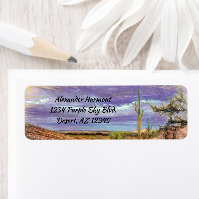 Saguaro Cactus Purple Sky Arizona Desert View Label (Insitu)