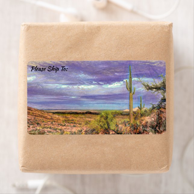 Saguaro Cactus Purple Sky Arizona Desert View Label (Insitu)