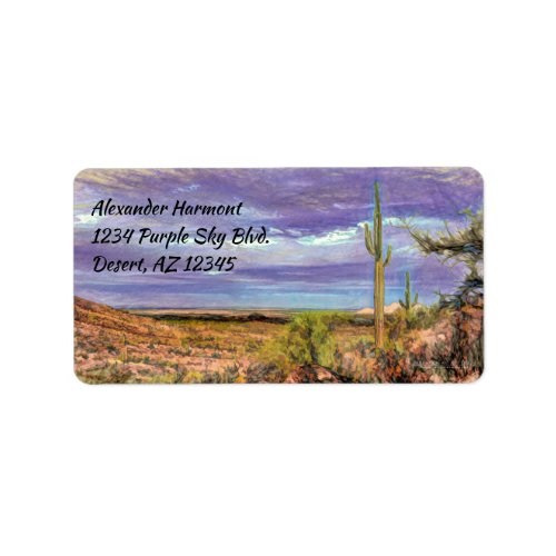 Saguaro Cactus Purple Sky Arizona Desert View Label