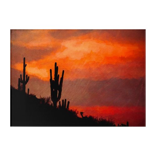 Saguaro Cactus Silhouette Arizona Red Sunset Acrylic Print