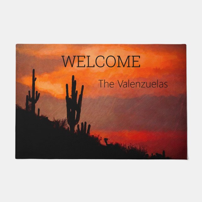 Saguaro Cactus Silhouette Arizona Red Sunset Doormat (Front)