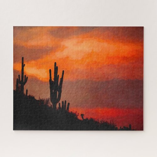 Saguaro Cactus Silhouette Arizona Red Sunset Jigsa Jigsaw Puzzle