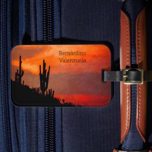 Saguaro Cactus Silhouette Arizona Red Sunset Luggage Tag
