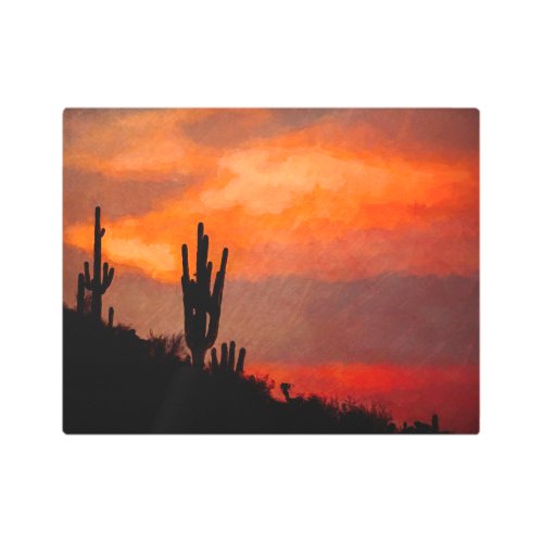 Saguaro Cactus Silhouette Arizona Red Sunset Photo Metal Print