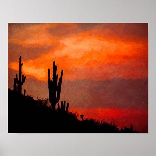 Saguaro Cactus Silhouette Arizona Red Sunset Poster