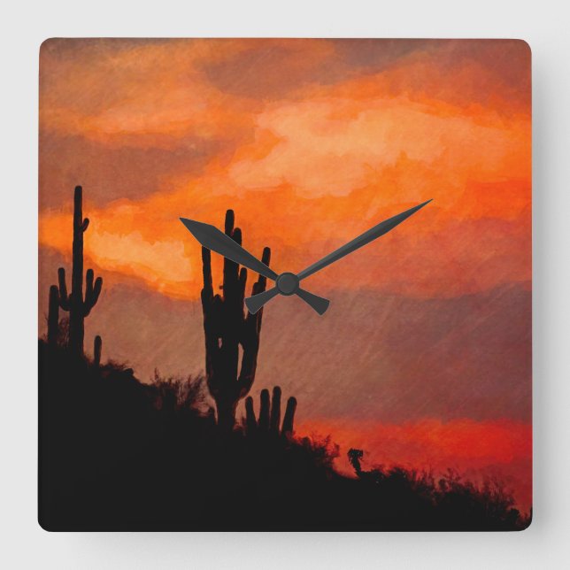 Saguaro Cactus Silhouette Arizona Red Sunset Square Wall Clock (Front)