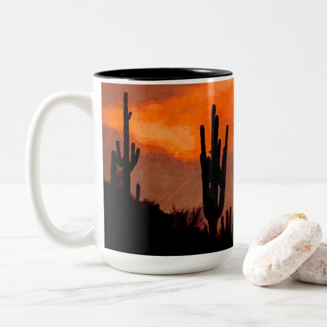 Saguaro Cactus Silhouette Arizona Red Sunset Two-Tone Coffee Mug (With Donut)