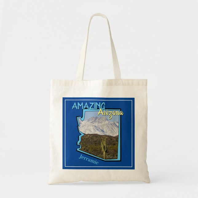 Saguaro Cactus Snowy Mountains Arizona Map Blue Tote Bag (Front)