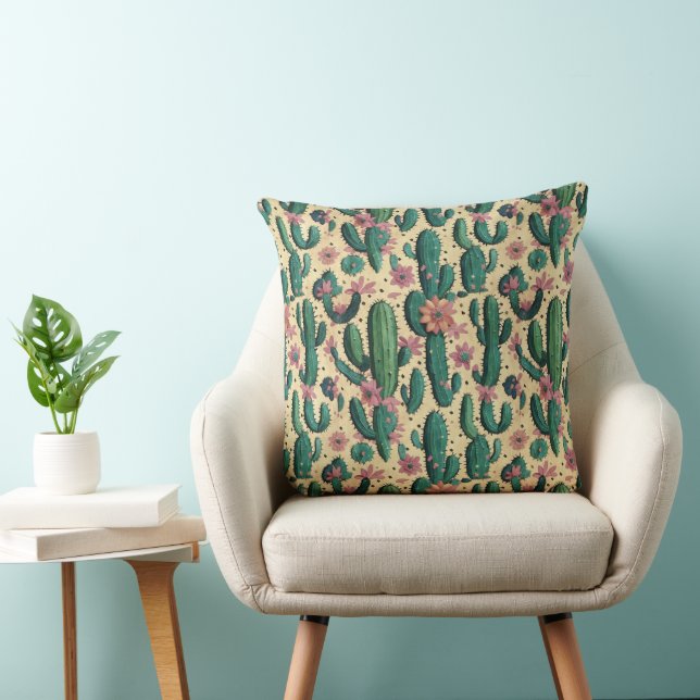 Saguaro Cactus Southwestern Seamless Pattern Throw Pillow (Chair)