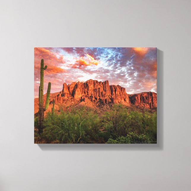 Saguaro Cactus Superstition Mountain Sunset 14x11 Canvas Print (Front)