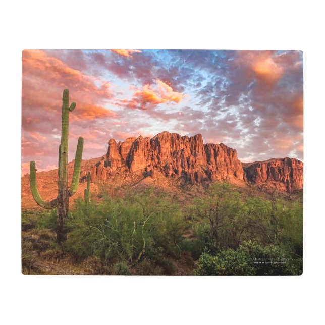 Saguaro Cactus Superstition Mountain Sunset 20x16 Metal Print (Front)