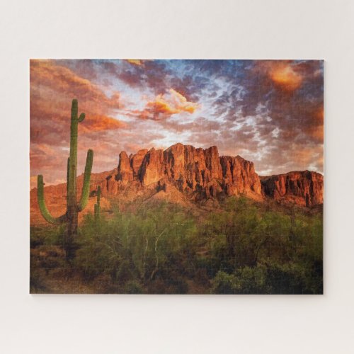 Saguaro Cactus Superstition Mountain Sunset Art Jigsaw Puzzle