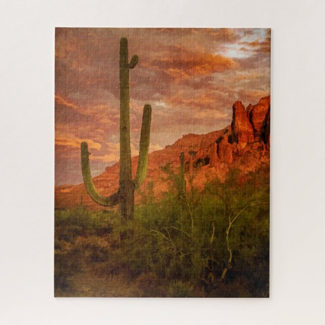 Saguaro Cactus Superstition Mountain Sunset Art Jigsaw Puzzle (Vertical)
