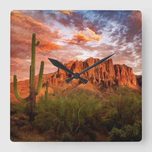 Saguaro Cactus Superstition Mountain Sunset Art Square Wall Clock