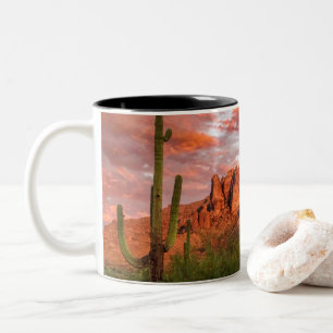 Saguaro Cactus Superstition Mountain Sunset Art Two-Tone Coffee Mug