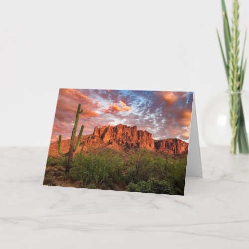 Saguaro Cactus Superstition Mountain Sunset Clouds Card