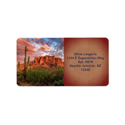 Saguaro Cactus Superstition Mountain Sunset Clouds Label