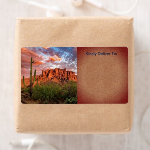 Saguaro Cactus Superstition Mountain Sunset Clouds Label