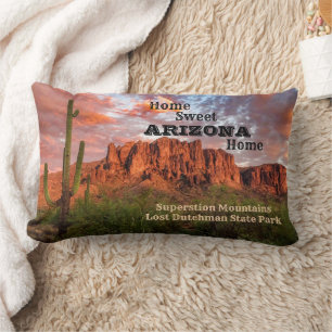 Saguaro Cactus Superstition Mountain Sunset Clouds Lumbar Pillow