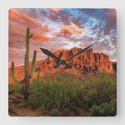 Saguaro Cactus Superstition Mountain Sunset Clouds Square Wall Clock
