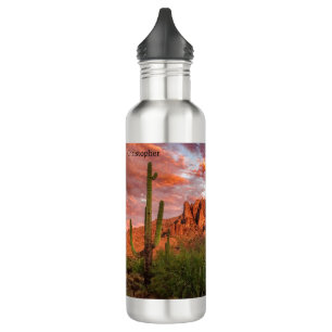 Saguaro Cactus Superstition Mountain Sunset Clouds Stainless Steel Water Bottle