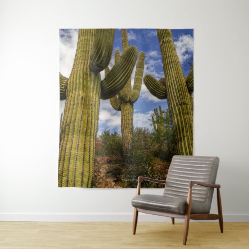 Saguaro Cactus Trio Blue Sky Clouds Arizona Desert Tapestry