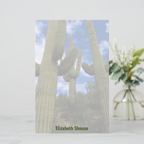 Saguaro Cactus Trio  Blue Sky  Clouds  Arizona Stationery