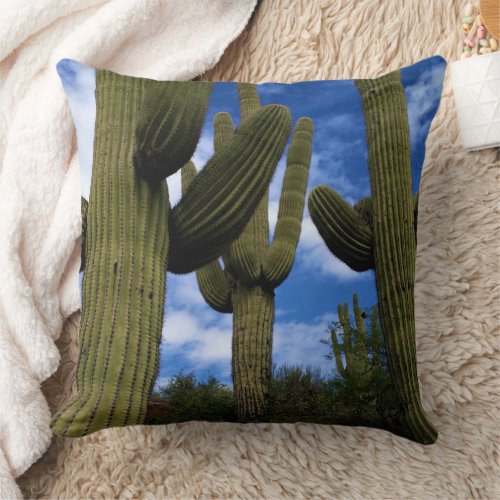 Saguaro Cactus Trio  Blue Sky  Clouds  Arizona Throw Pillow