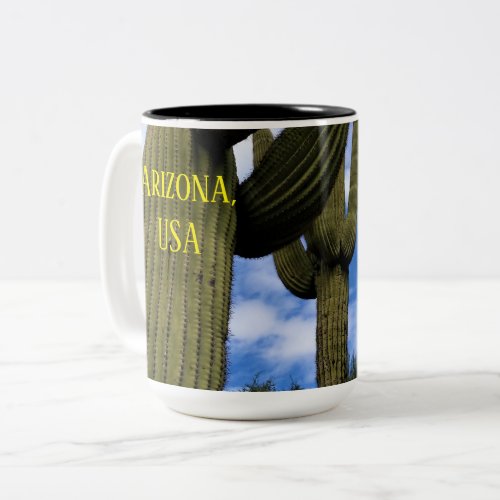 Saguaro Cactus Trio  Blue Sky  Clouds  Arizona Two_Tone Coffee Mug