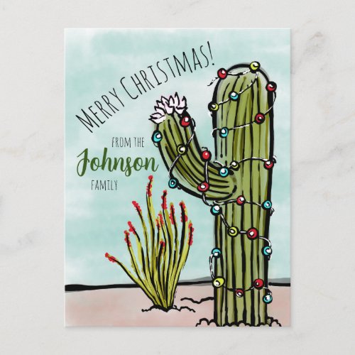 Saguaro Cactus with Christmas Lights Postcard