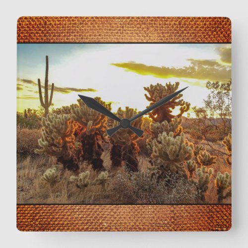 Saguaro  Cholla Cacti At Sunset Burlap Background Square Wall Clock