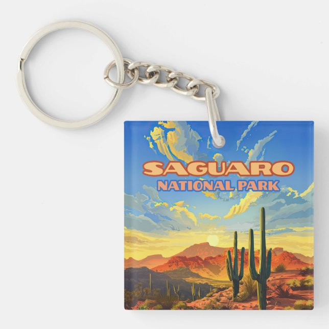 Saguaro National Park Arizona Desert Cactus Retro Keychain (Front)