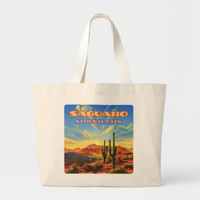 Saguaro National Park Arizona Desert Cactus Retro Large Tote Bag (Front)