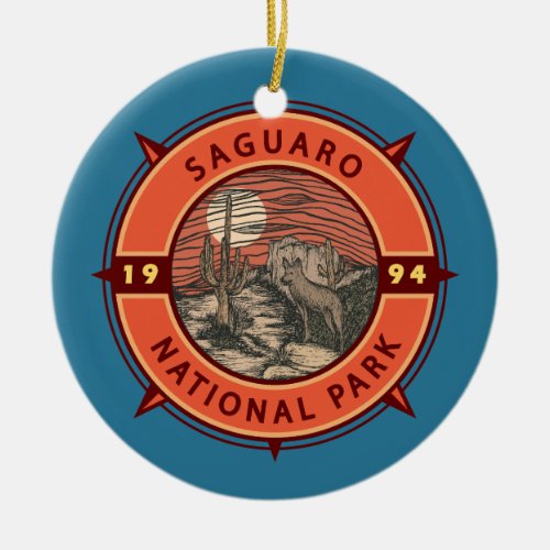 Saguaro National Park Coyote Retro Compass Emblem Ceramic Ornament