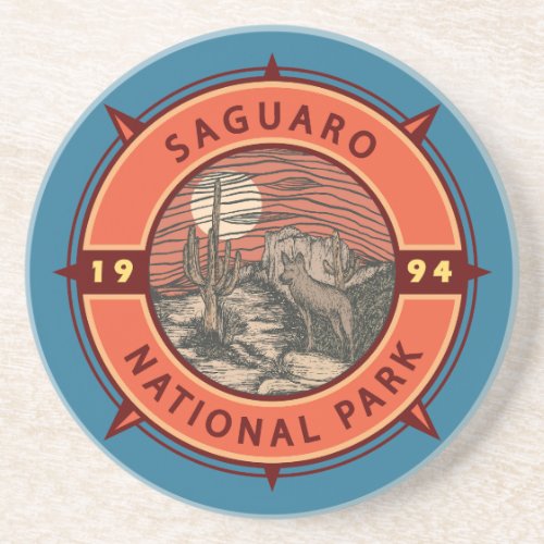 Saguaro National Park Coyote Retro Compass Emblem Coaster