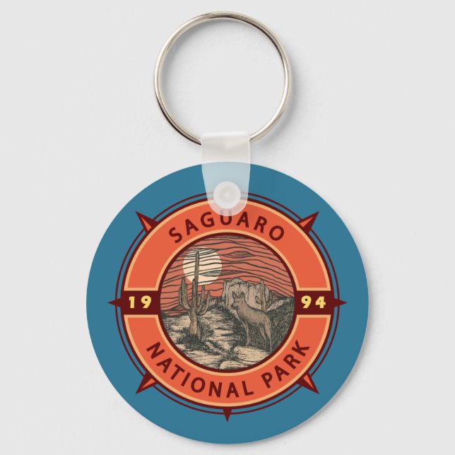 Saguaro National Park Coyote Retro Compass Emblem Keychain (Front)