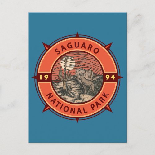 Saguaro National Park Coyote Retro Compass Emblem Postcard