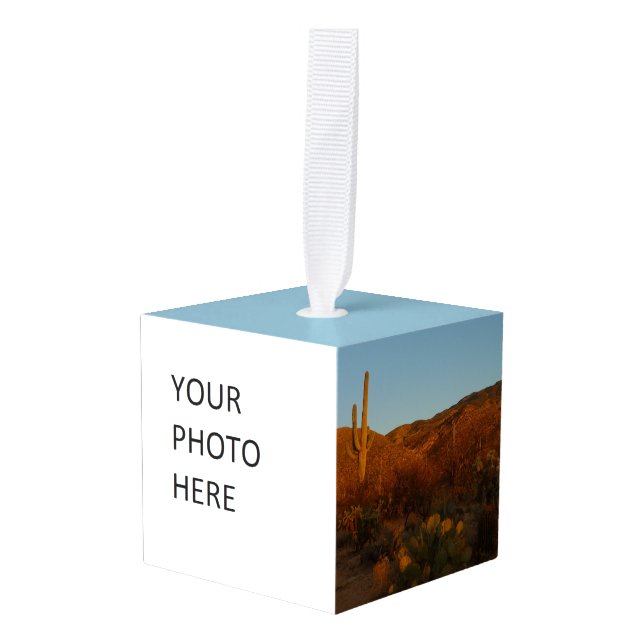 Saguaro Sunset I Arizona Desert Landscape Cube Ornament (Front Angled)