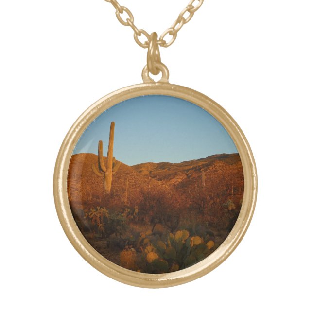 Saguaro Sunset I Arizona Desert Landscape Gold Plated Necklace (Front)