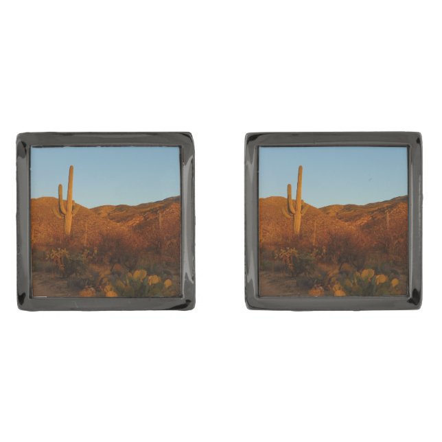 Saguaro Sunset I Arizona Desert Landscape Gunmetal Finish Cufflinks (Front)
