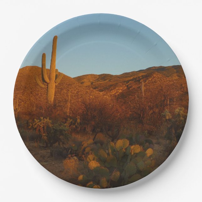Saguaro Sunset I Arizona Desert Landscape Paper Plates (Front)