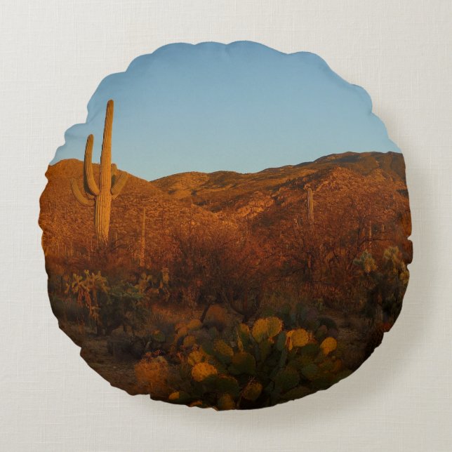 Saguaro Sunset I Arizona Desert Landscape Round Pillow (Front)