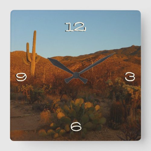 Saguaro Sunset I Arizona Desert Landscape Square Wall Clock