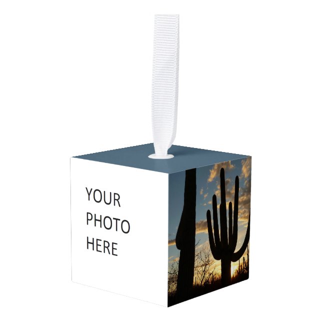 Saguaro Sunset II Arizona Desert Landscape Cube Ornament (Front Angled)