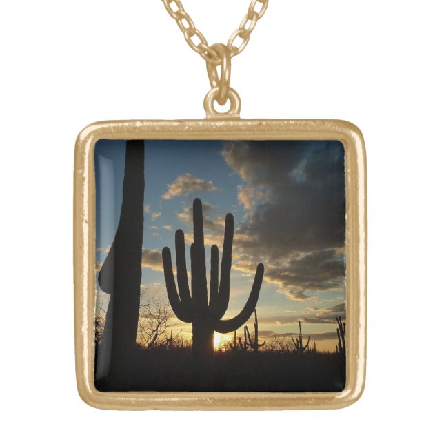 Saguaro Sunset II Arizona Desert Landscape Gold Plated Necklace (Front)