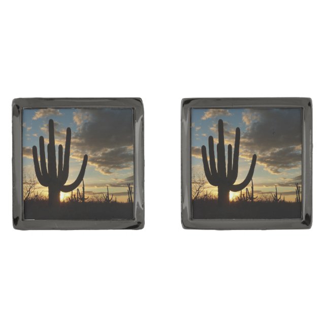 Saguaro Sunset II Arizona Desert Landscape Gunmetal Finish Cufflinks (Front)