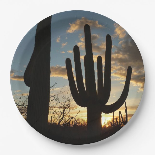 Saguaro Sunset II Arizona Desert Landscape Paper Plates (Front)