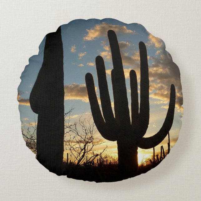 Saguaro Sunset II Arizona Desert Landscape Round Pillow (Front)