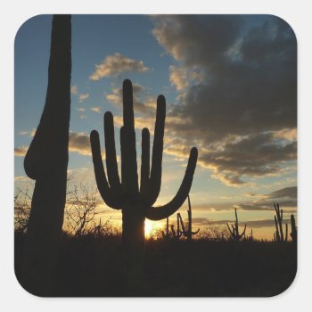 Saguaro Sunset Ii Arizona Desert Landscape Square Sticker by mlewallpapers at Zazzle